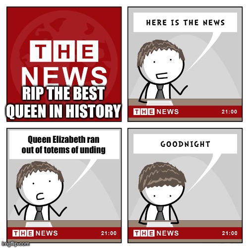 the news | RIP THE BEST QUEEN IN HISTORY; Queen Elizabeth ran out of totems of unding | image tagged in the news | made w/ Imgflip meme maker