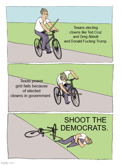 Bike Fall Meme | Texans electing clowns like Ted Cruz and Greg Abbott and Donald Fucking Trump. Texas power grid fails because of elected clowns in government. SHOOT THE DEMOCRATS. | image tagged in memes,bike fall | made w/ Imgflip meme maker