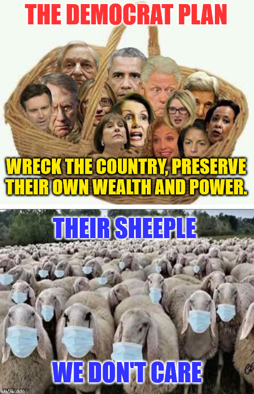 Power and greed... it's all democrat politicians care about... | THE DEMOCRAT PLAN; WRECK THE COUNTRY, PRESERVE THEIR OWN WEALTH AND POWER. THEIR SHEEPLE; WE DON'T CARE | image tagged in deplorables democrat liar,sign of the sheeple | made w/ Imgflip meme maker