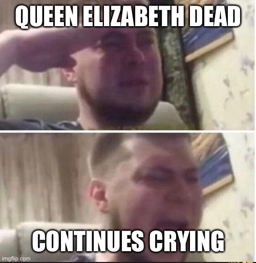 Crying salute | QUEEN ELIZABETH DEAD; CONTINUES CRYING | image tagged in crying salute | made w/ Imgflip meme maker