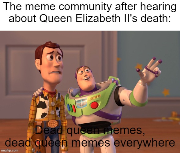 Why even bother doing this? | The meme community after hearing about Queen Elizabeth II's death:; Dead queen memes, dead queen memes everywhere | image tagged in memes,x x everywhere | made w/ Imgflip meme maker