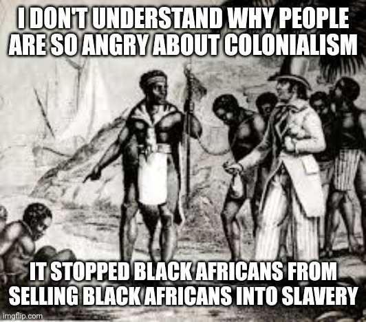 How Many Would You Like? | I DON'T UNDERSTAND WHY PEOPLE ARE SO ANGRY ABOUT COLONIALISM; IT STOPPED BLACK AFRICANS FROM SELLING BLACK AFRICANS INTO SLAVERY | image tagged in slavery,colonialism | made w/ Imgflip meme maker