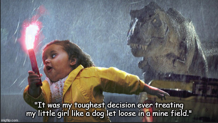 My toughest decision | "It was my toughest decision ever treating my little girl like a dog let loose in a mine field." | image tagged in memes,dark humor | made w/ Imgflip meme maker