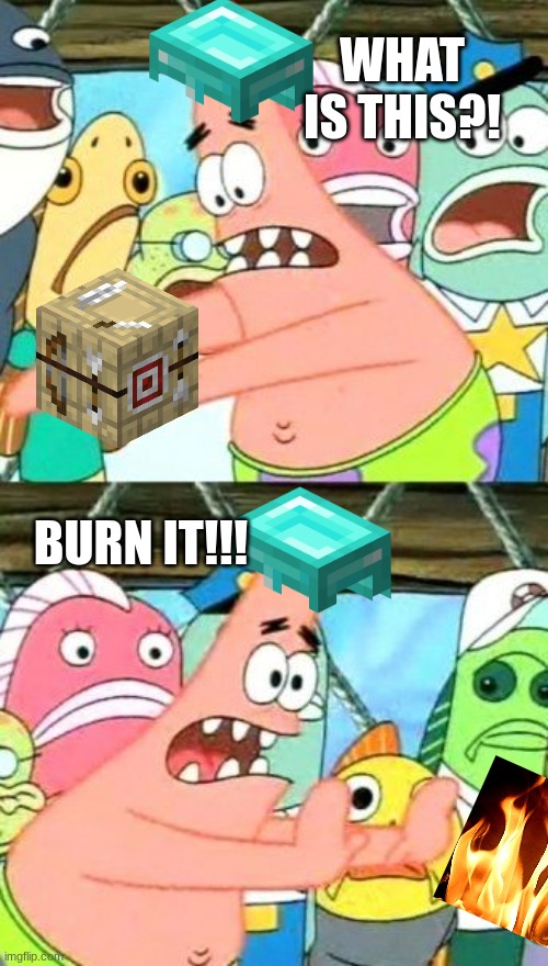 burnfletchingtable | WHAT IS THIS?! BURN IT!!! | image tagged in memes,put it somewhere else patrick | made w/ Imgflip meme maker