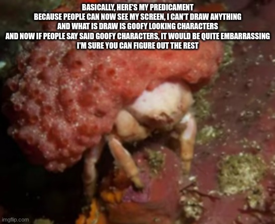 Furred Sponge Crab | BASICALLY, HERE'S MY PREDICAMENT
BECAUSE PEOPLE CAN NOW SEE MY SCREEN, I CAN'T DRAW ANYTHING
AND WHAT IS DRAW IS GOOFY LOOKING CHARACTERS
AND NOW IF PEOPLE SAY SAID GOOFY CHARACTERS, IT WOULD BE QUITE EMBARRASSING
I'M SURE YOU CAN FIGURE OUT THE REST | image tagged in furred sponge crab | made w/ Imgflip meme maker