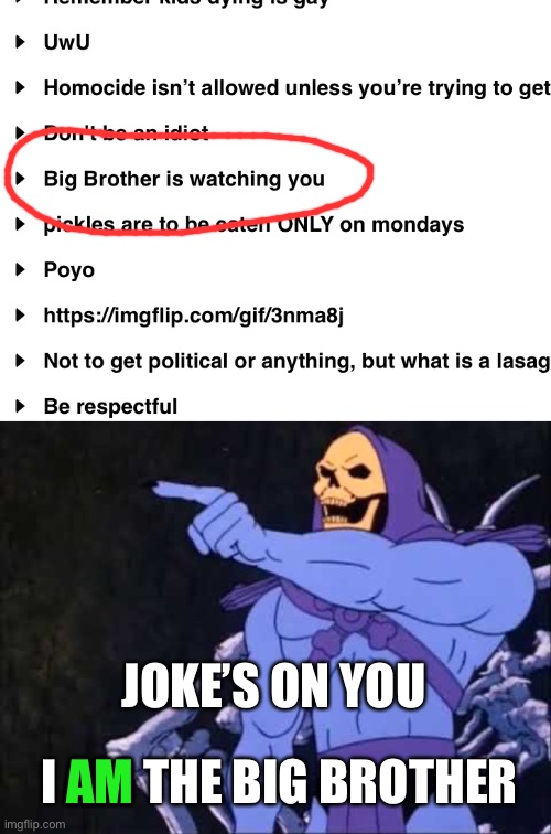 me reading this rule: | JOKE’S ON YOU; I AM THE BIG BROTHER; AM | image tagged in skeletor | made w/ Imgflip meme maker