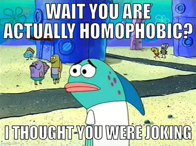 no im not gay... gay people are so something really bad the sitemods would not like for me to say | WAIT YOU ARE ACTUALLY HOMOPHOBIC? I THOUGHT YOU WERE JOKING | image tagged in memes,funny,spongebob i thought it was a joke,homophobic,gay,joking | made w/ Imgflip meme maker