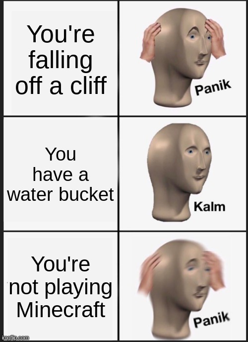 Wait a minute | You're falling off a cliff; You have a water bucket; You're not playing Minecraft | image tagged in memes,panik kalm panik | made w/ Imgflip meme maker