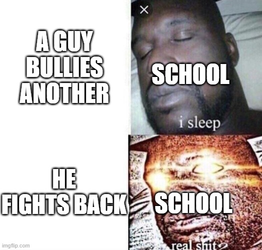 i sleep real shit | A GUY BULLIES ANOTHER; SCHOOL; HE FIGHTS BACK; SCHOOL | image tagged in i sleep real shit | made w/ Imgflip meme maker