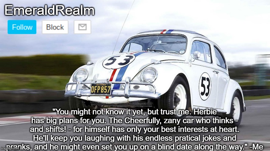 EmeraldRealm Herbie | image tagged in emeraldrealm herbie | made w/ Imgflip meme maker