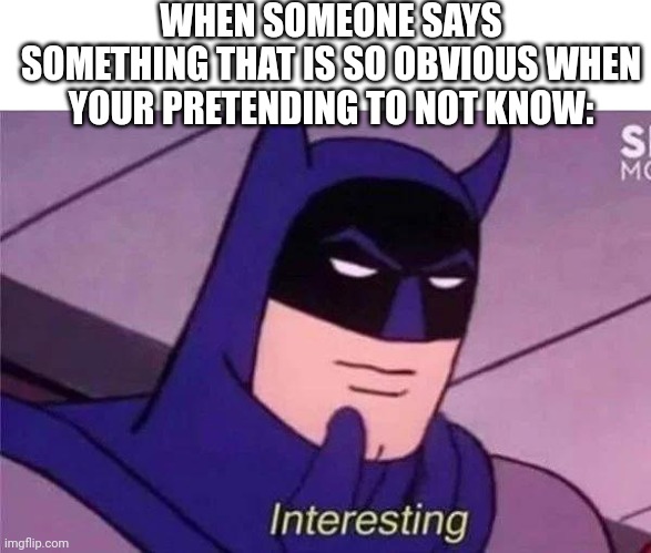 Idk Just A Meme | WHEN SOMEONE SAYS SOMETHING THAT IS SO OBVIOUS WHEN YOUR PRETENDING TO NOT KNOW: | image tagged in batman interesting | made w/ Imgflip meme maker