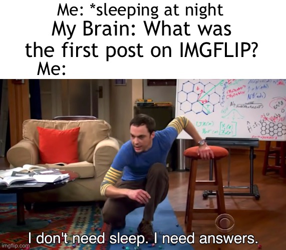 I do wonder tbh | Me: *sleeping at night; My Brain: What was the first post on IMGFLIP? Me: | image tagged in i don't need sleep i need answers | made w/ Imgflip meme maker