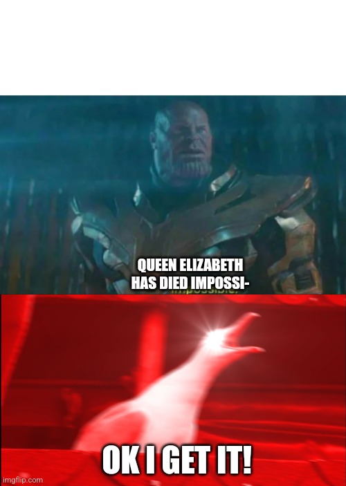 Elizabeth has died impossible ?? | QUEEN ELIZABETH HAS DIED IMPOSSI-; OK I GET IT! | image tagged in thanos impossible,screaming bird | made w/ Imgflip meme maker