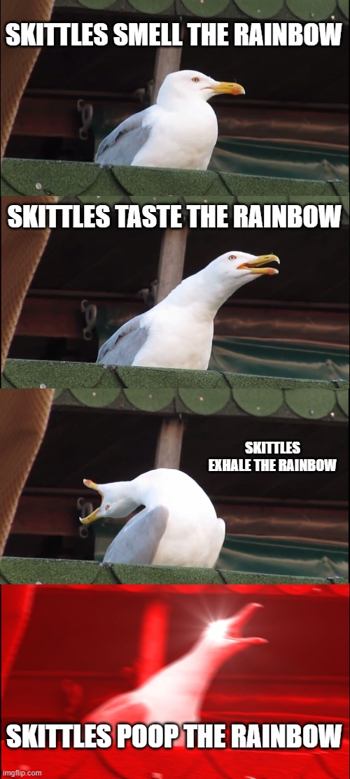 Inhaling Seagull | SKITTLES SMELL THE RAINBOW; SKITTLES TASTE THE RAINBOW; SKITTLES EXHALE THE RAINBOW; SKITTLES POOP THE RAINBOW | image tagged in memes,inhaling seagull | made w/ Imgflip meme maker