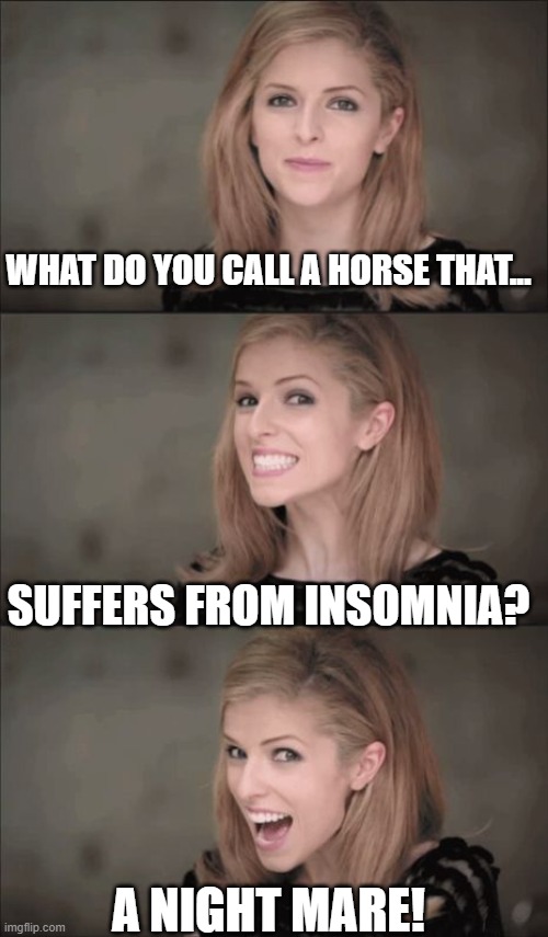 It's Bad, You Know...11 | WHAT DO YOU CALL A HORSE THAT... SUFFERS FROM INSOMNIA? A NIGHT MARE! | image tagged in memes,bad pun anna kendrick,humor,funny,puns,horses | made w/ Imgflip meme maker