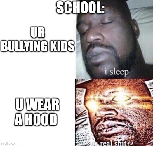 i sleep real shit | SCHOOL:; UR BULLYING KIDS; U WEAR A HOOD | image tagged in i sleep real shit | made w/ Imgflip meme maker