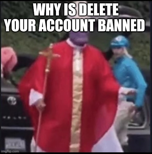Holy thanos | WHY IS DELETE YOUR ACCOUNT BANNED | image tagged in holy thanos | made w/ Imgflip meme maker
