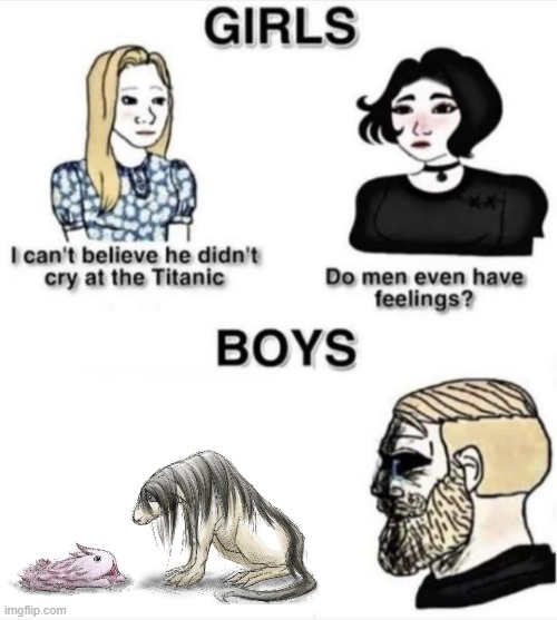 Boys cry over Mitty and Chimera | image tagged in do men even have feelings,mitty,made in abyss,fullmetal alchemist | made w/ Imgflip meme maker