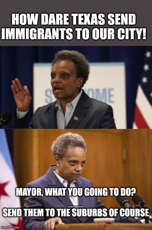 HOW DARE TEXAS SEND IMMIGRANTS TO OUR CITY! MAYOR, WHAT YOU GOING TO DO?
___
SEND THEM TO THE SUBURBS OF COURSE | image tagged in lori lightfoot,mayor chicago,illegal immigration | made w/ Imgflip meme maker