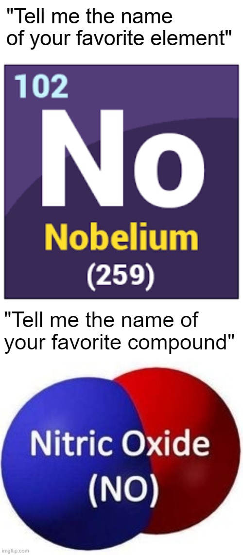 Nobelium and Nitric Oxide | "Tell me the name of your favorite element"; "Tell me the name of your favorite compound" | image tagged in elements | made w/ Imgflip meme maker