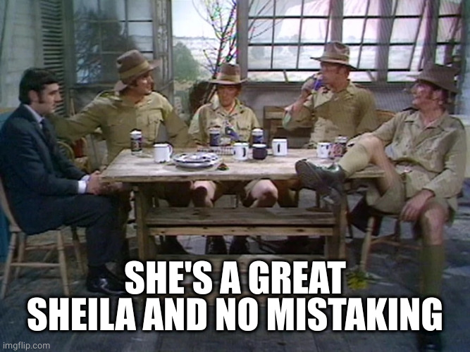 Bruces | SHE'S A GREAT SHEILA AND NO MISTAKING | image tagged in bruces | made w/ Imgflip meme maker