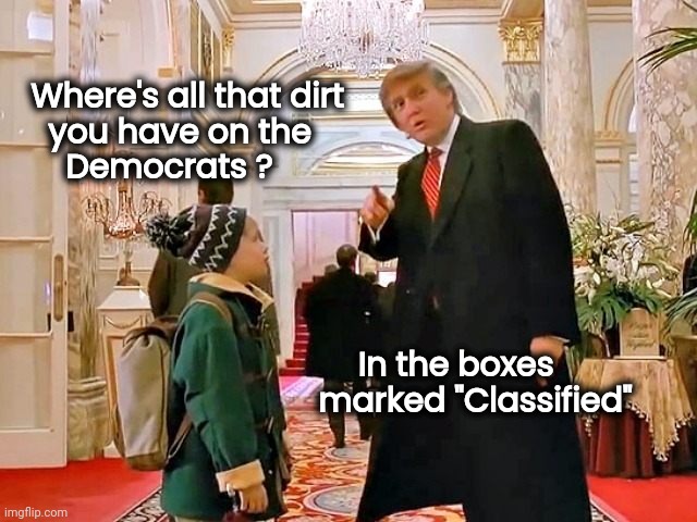 Trump Home Alone | Where's all that dirt
   you have on the
     Democrats ? In the boxes              
marked "Classified" | image tagged in trump home alone | made w/ Imgflip meme maker