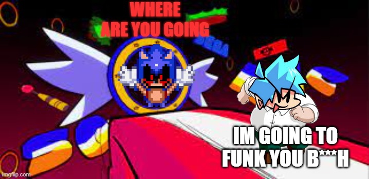final escape but | WHERE ARE YOU GOING; IM GOING TO FUNK YOU B***H | image tagged in sonic exe | made w/ Imgflip meme maker