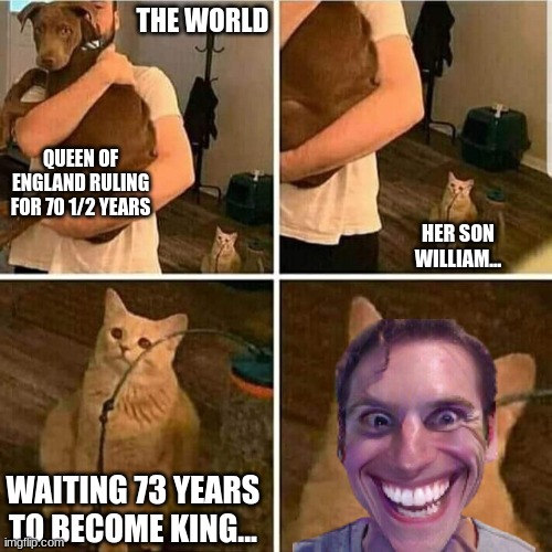 sadly true....... | THE WORLD; QUEEN OF ENGLAND RULING FOR 70 1/2 YEARS; HER SON WILLIAM... WAITING 73 YEARS TO BECOME KING... | image tagged in sad cat holding dog | made w/ Imgflip meme maker