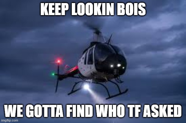 police searchlight | KEEP LOOKIN BOIS; WE GOTTA FIND WHO TF ASKED | image tagged in police searchlight | made w/ Imgflip meme maker