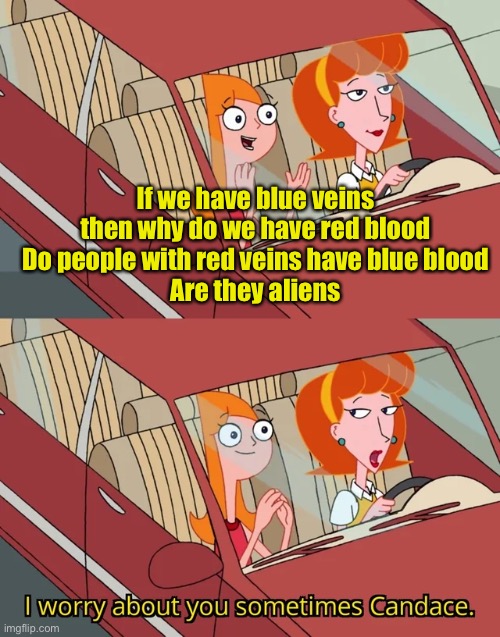Please don’t leave me alone with my 3am thoughts | If we have blue veins then why do we have red blood
Do people with red veins have blue blood
Are they aliens | image tagged in i worry about you sometimes candace | made w/ Imgflip meme maker