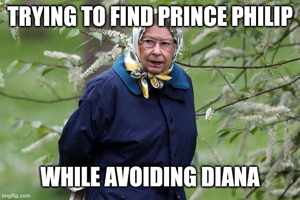 Awkward | TRYING TO FIND PRINCE PHILIP; WHILE AVOIDING DIANA | image tagged in queen elizabeth,dead | made w/ Imgflip meme maker