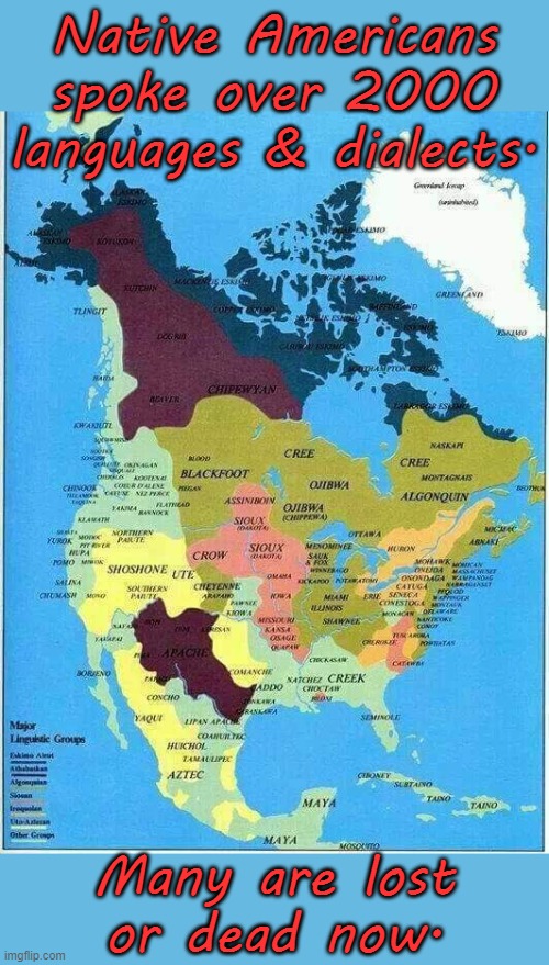 Central & South America not shown. | Native Americans spoke over 2000 languages & dialects. Many are lost or dead now. | image tagged in native american,culture,history,diversity | made w/ Imgflip meme maker