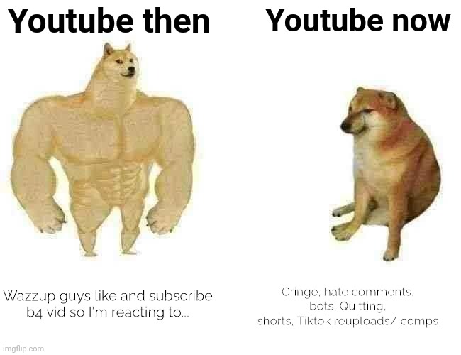 *insert creative title here* | Youtube then; Youtube now; Wazzup guys like and subscribe b4 vid so I'm reacting to... Cringe, hate comments, bots, Quitting, shorts, Tiktok reuploads/ comps | image tagged in memes,buff doge vs cheems | made w/ Imgflip meme maker