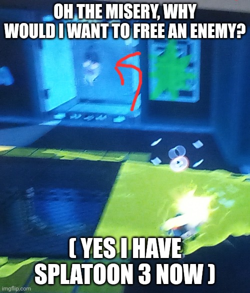 Oh dat misery | OH THE MISERY, WHY WOULD I WANT TO FREE AN ENEMY? ( YES I HAVE SPLATOON 3 NOW ) | made w/ Imgflip meme maker