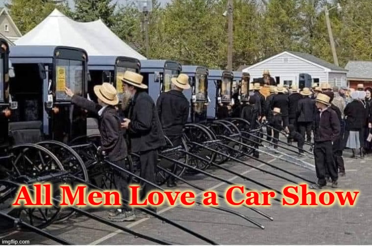 Amish Car Show |  All Men Love a Car Show | image tagged in amish,buggy | made w/ Imgflip meme maker