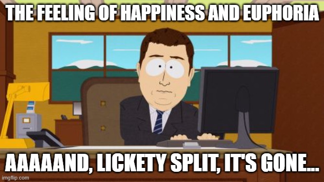 Well That Went Away In A Hurry | THE FEELING OF HAPPINESS AND EUPHORIA; AAAAAND, LICKETY SPLIT, IT'S GONE... | image tagged in memes,aaaaand its gone,life,reality,depression sadness hurt pain anxiety | made w/ Imgflip meme maker