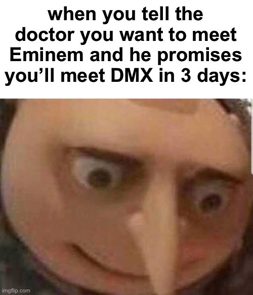 oop- | when you tell the doctor you want to meet Eminem and he promises you’ll meet DMX in 3 days: | image tagged in shocked gru,eminem,dmx,funny,death,doctor | made w/ Imgflip meme maker