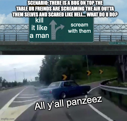 Panzeez be like | SCENARIO: THERE IS A BUG ON TOP THE TABLE UR FREINDS ARE SCREAMING THE AIR OUTTA THEM SELVES AND SCARED LIKE HELL... WHAT DO U DO? kill it like a man; scream with them; All yʻall panzeez | image tagged in memes,left exit 12 off ramp | made w/ Imgflip meme maker