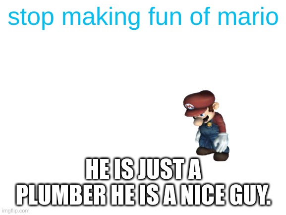 stop making fun of mario | stop making fun of mario; HE IS JUST A PLUMBER HE IS A NICE GUY. | image tagged in blank white template,super mario,sad | made w/ Imgflip meme maker