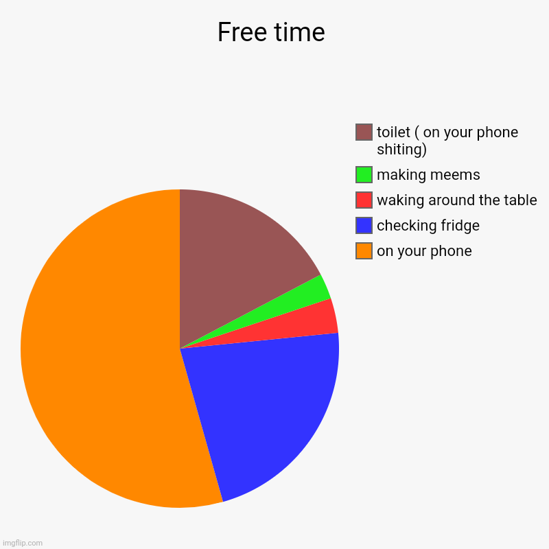 Free time | on your phone , checking fridge, waking around the table, making meems , toilet ( on your phone shiting) | image tagged in charts,pie charts | made w/ Imgflip chart maker