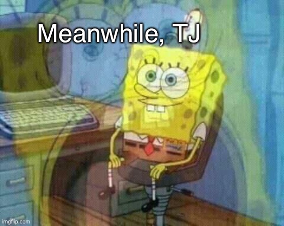 SpongeBob Panicking and Smiling | Meanwhile, TJ | image tagged in spongebob panicking and smiling | made w/ Imgflip meme maker