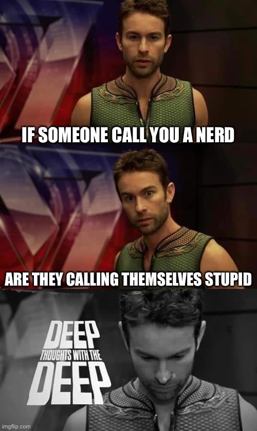Deep Thoughts with the Deep | IF SOMEONE CALL YOU A NERD; ARE THEY CALLING THEMSELVES STUPID | image tagged in deep thoughts with the deep | made w/ Imgflip meme maker