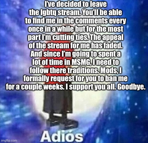 Or at least comment ban me for a little bit (mod note: whar) | I’ve decided to leave the lgbtq stream. You’ll be able to find me in the comments every once in a while but for the most part I’m cutting ties. The appeal of the stream for me has faded. And since I’m going to spent a lot of time in MSMG, I need to follow there traditions. Mods, I formally request for you to ban me for a couple weeks. I support you all. Goodbye. | image tagged in adios | made w/ Imgflip meme maker