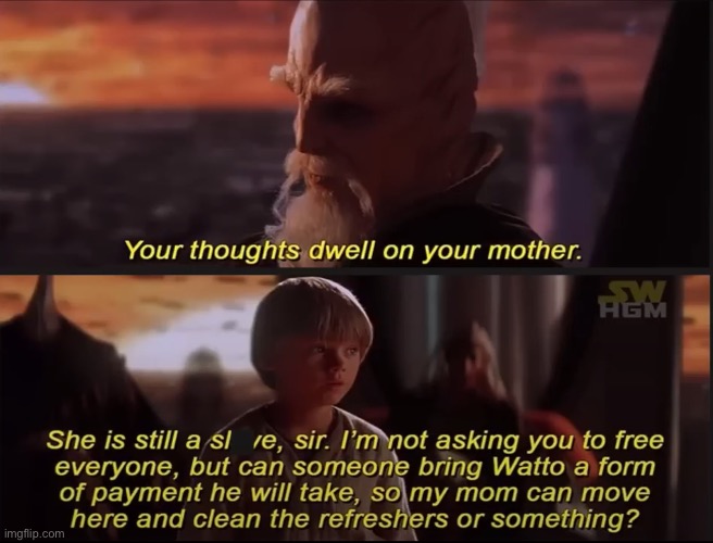 The Jedi council when a young boi is thinking about his mother who is a slave: | image tagged in it's over anakin i have the high ground | made w/ Imgflip meme maker