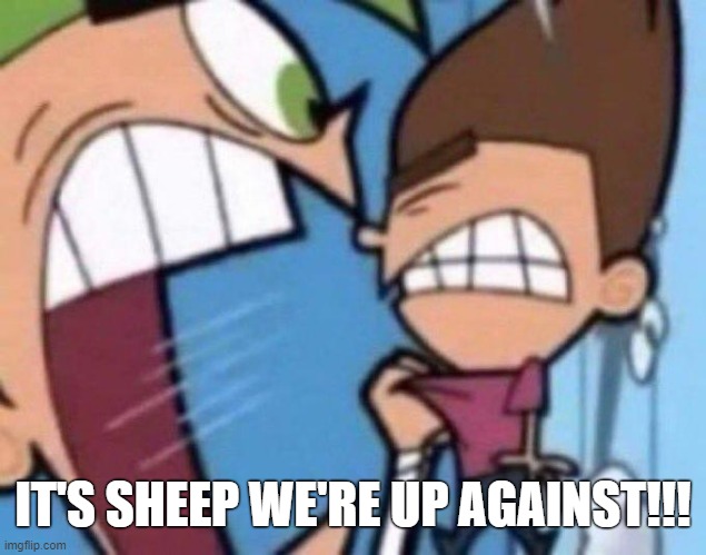 Praise Paul Heaton | IT'S SHEEP WE'RE UP AGAINST!!! | image tagged in cosmo yelling at timmy,housemartins,1980s,music,sheep,paul heaton | made w/ Imgflip meme maker