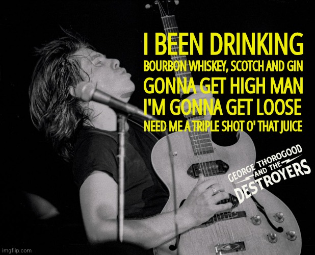 One Bourbon, One Scotch, One Beer | I BEEN DRINKING; BOURBON WHISKEY, SCOTCH AND GIN; GONNA GET HIGH MAN; I'M GONNA GET LOOSE; NEED ME A TRIPLE SHOT O' THAT JUICE | image tagged in classic rock,rock and roll,music,george thorogood | made w/ Imgflip meme maker