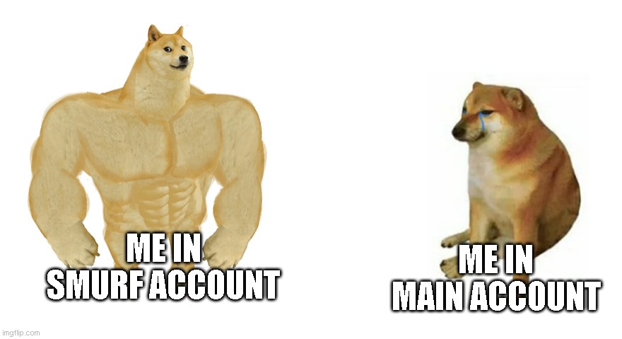 gg | ME IN SMURF ACCOUNT; ME IN MAIN ACCOUNT | image tagged in buff doge vs crying cheems | made w/ Imgflip meme maker