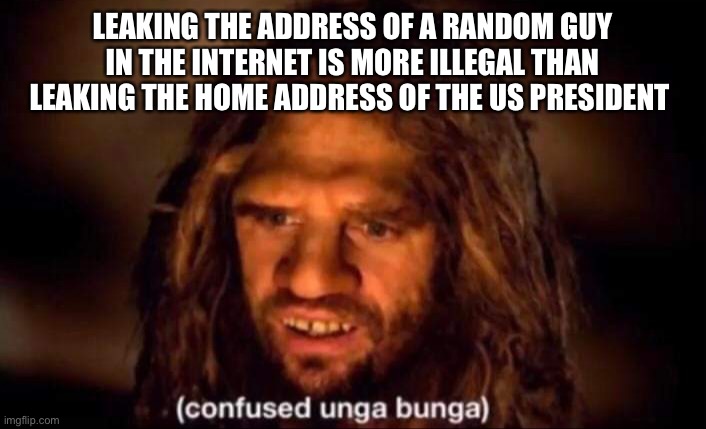 Confused | LEAKING THE ADDRESS OF A RANDOM GUY IN THE INTERNET IS MORE ILLEGAL THAN LEAKING THE HOME ADDRESS OF THE US PRESIDENT | image tagged in confused unga bunga | made w/ Imgflip meme maker