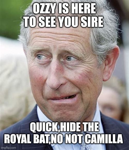 PRINCE CHARLES AGHAST FACE | OZZY IS HERE TO SEE YOU SIRE; QUICK,HIDE THE ROYAL BAT,NO NOT CAMILLA | image tagged in prince charles aghast face | made w/ Imgflip meme maker