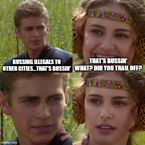 feds use planes, that's ok | BUSSING ILLEGALS TO OTHER CITIES...THAT'S BUSSIN'; THAT'S BUSSIN' WHAT? DID YOU TRAIL OFF? | image tagged in anakin padme 4 panel | made w/ Imgflip meme maker